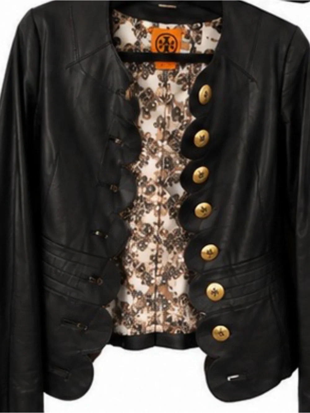 Tory Burch Black Leather Scalloped Jacket with Gold Logo Buttons